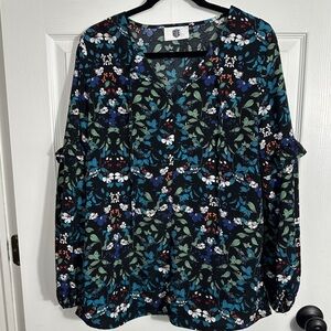 RUDE black/multi women's top, XL, ruffle mid-sleeve, v-neck, office, date night